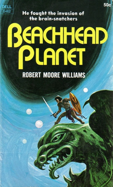 Book cover, a dynamic, if somewhat cartoonish, illustration of a man bearing sword and shield, dressed only in loincloth, boots, and necklace, peering down while standing atop a sickly green dragon's brow