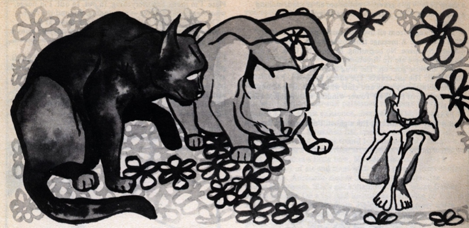 A black and white illustration of a small stylised human figure menaced by giant, but very cute, cats.