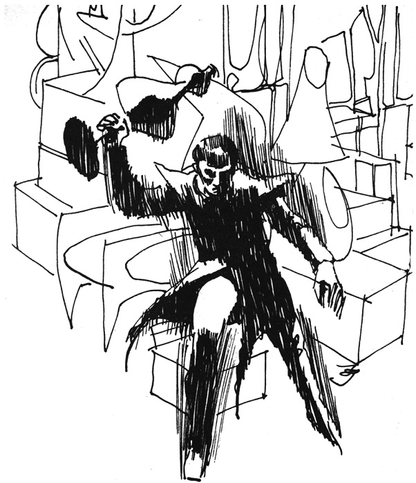 Sketchy illustration of a man throwing what appears to be a lamp.