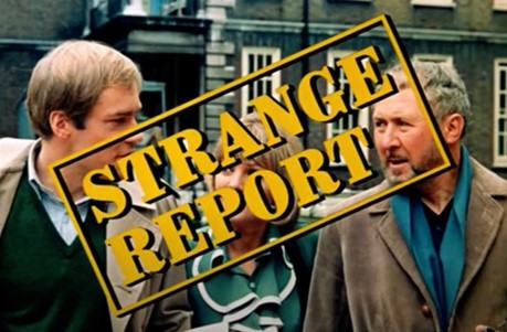 Strange Report Title image featuring the three main characters smiling together with the words strange report across them as if on an ink stamp.