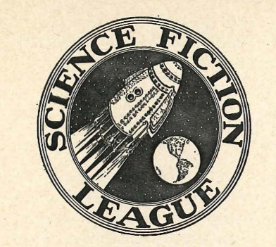 Black and white ink illustration of the logo of Hugo Gernsbeck's science fiction league showing a small stout rocket ship flying through space with a small Earth in the distance, the name wrapped around the outside in a circle.