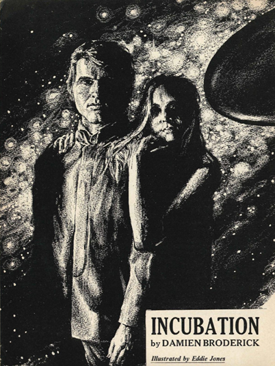 Black and White ink illustration of a man in a shirt and trousers facing front as a woman stands behind clasping his shoulders in an embrace. Behind them is a starfield where an ominous black egg like object is coming in from the right hand side.