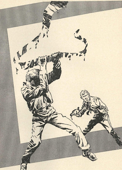 Black and White ink illustration showing two men in shirt and ties in the midst of battle with a tentacle coming from the ceiling. One of them has sprayed it with paint to make it partly visible to the the human eye whilst the other has a tight grip on the tentacle. Behind them is the grey outline of a square tilted slightly to the side.