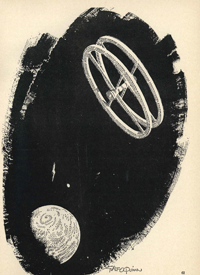 A black and white ink illustration in an oval shape where a distant Earth is being orbited by a space station with two rotating wheels with four spokes to a central shaft.