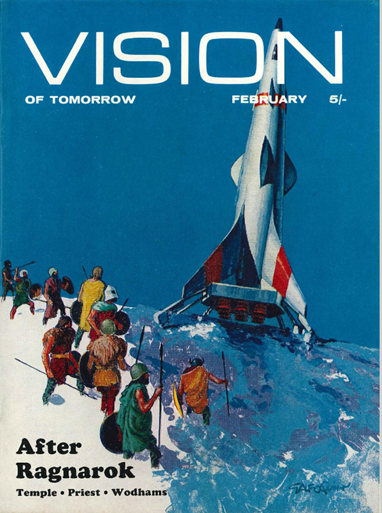 Cover of Vision of Tomorrow #5, a painted colour image illustrating After Ragnarok showing vikings on a glacier approaching a recently landed spaceship.