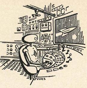 Black and white ink drawing of a robot sitting at a control panel, adjusting switches as it observes  a rocket in flight.