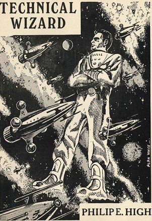 Black and White ink drawing of a fleet of spaceships against a stellar background. Imposed behind them in the massive figure of a man in a spacesuit standing with arms folded and helmet off, looking into the distance.