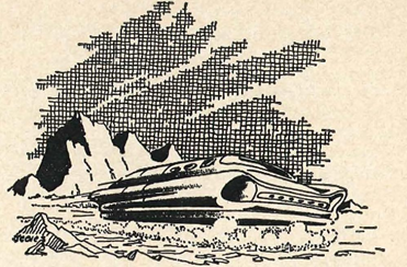 Black and white ink illustration of a futuristic vehicle zooming across a desert landscape. It appears to be hovering and kicking up dust as it flies along.