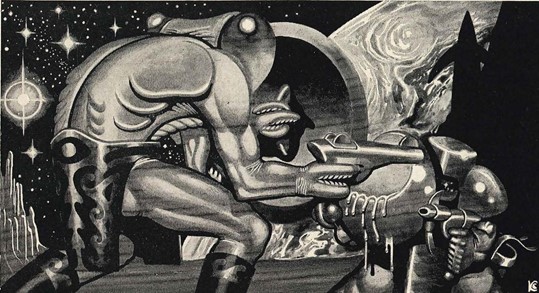 Black and White illustration of an alien life form in a loin cloth and long boots holding a futuristic gun and old fashioned shield. Behind the sheild is a planet with swirling storms. To one side is the outline of a rocket and other futuristic equipment, to the other is desolate mountain and glistening stars.