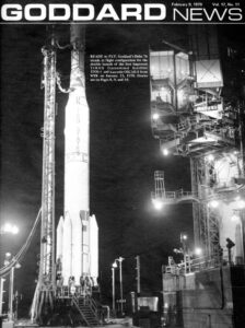 Photograph of the cover of Goddard News depicting a rocket staged for launch