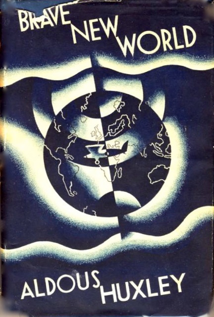 Blue book cover of Aldous Huxley's Brave New World, adorned with a globe and a small plane in the forefront. White waves radiate throughout.