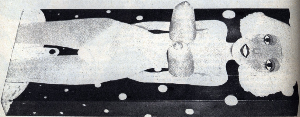 Image from Ian Watson's "The Sex Machine" showing a horizontal female mannequin with cylindrical breasts.