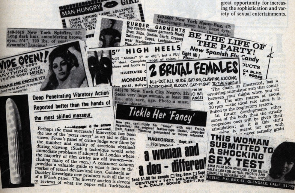 Image for "Does Sex Have a Future" by John Landau, a collage of newspaper advertisements and headlines about sex.