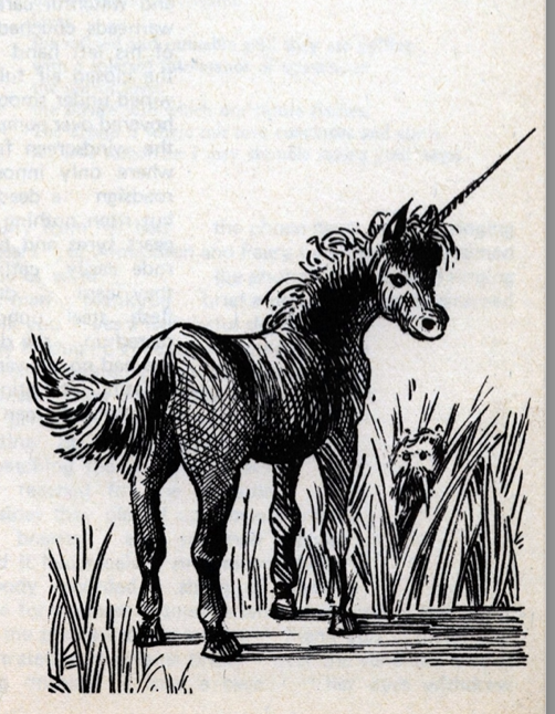 Art for "Front and Centaur" by James Sallis, a line drawing of a unicorn standing in front of a stand of rushes which conceals a walrus. It makes sense if you read the story.