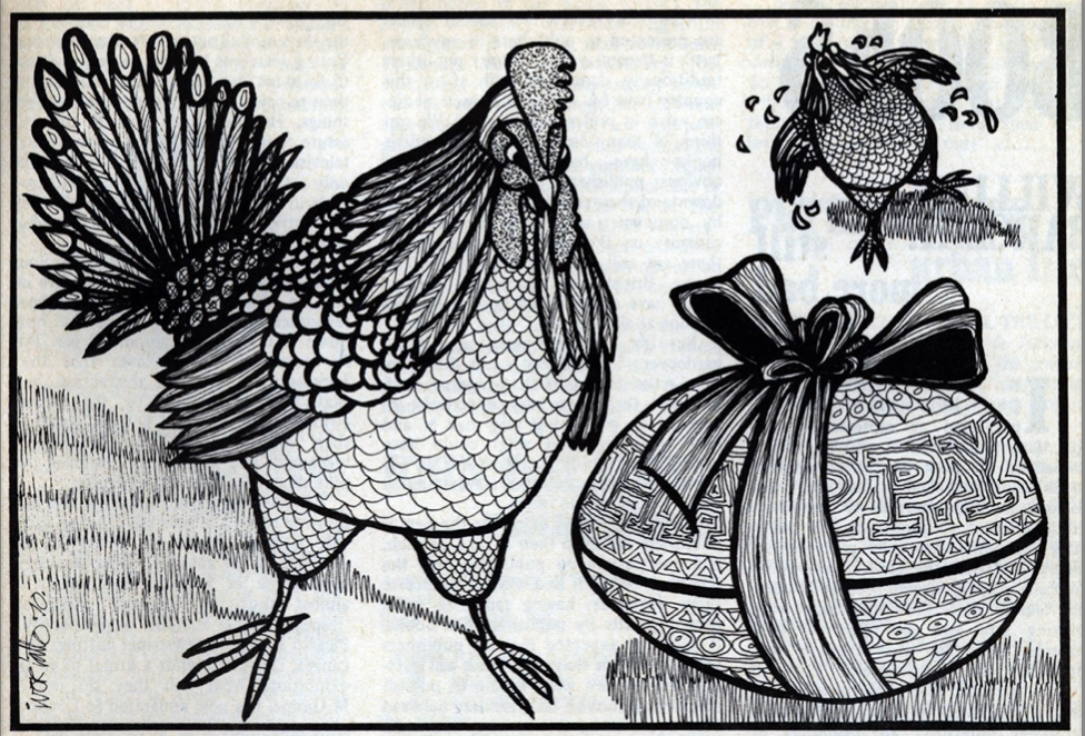 Art for Nest Egg by Sandra Dorman. A line drawing of a chicken contemplating an egg with a bow around it and the legend HAPPY on it, while another chicken dances in the background.