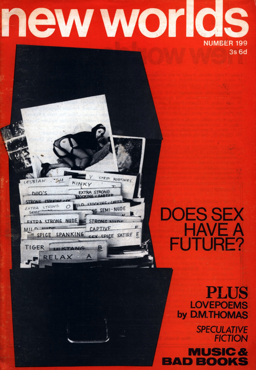 Cover of New Worlds, March 1970. Title text white on red background, with three headers in black text. A photograph of a file box of documents on sexual subjects.