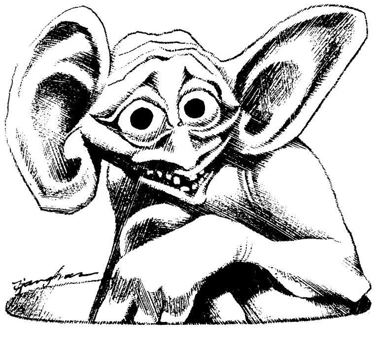 A sketch of a goblinesque creature with large ears and eyes, and an open pointed mouth