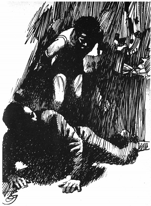 Black and white sketch of a shadowy figure standing over another who is picking themselves up off of the ground.