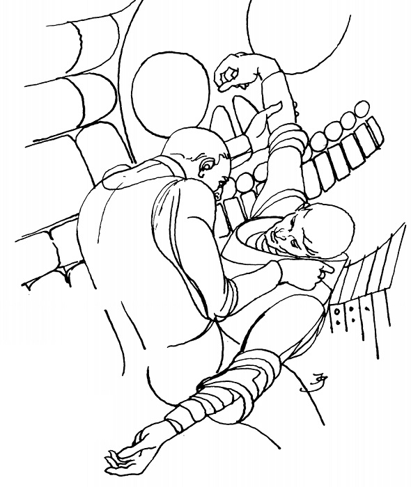 an outlined drawing of a man in a space suit holding up the limp body of another inside of a padded chamber.