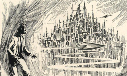 Black and white illustration of a man looks out at a towered city with spaceships whizzing around.