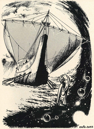 Black and white ink illustration of a galley surrounded by the a starfield and a strange item peeking out of the sea.