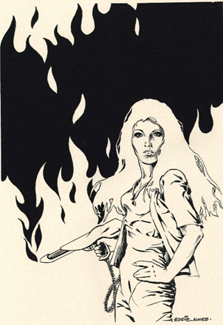 Black and White Illustration of Lady Violence with a hand on hip and holding a flame thrower in front of a wall of flames.