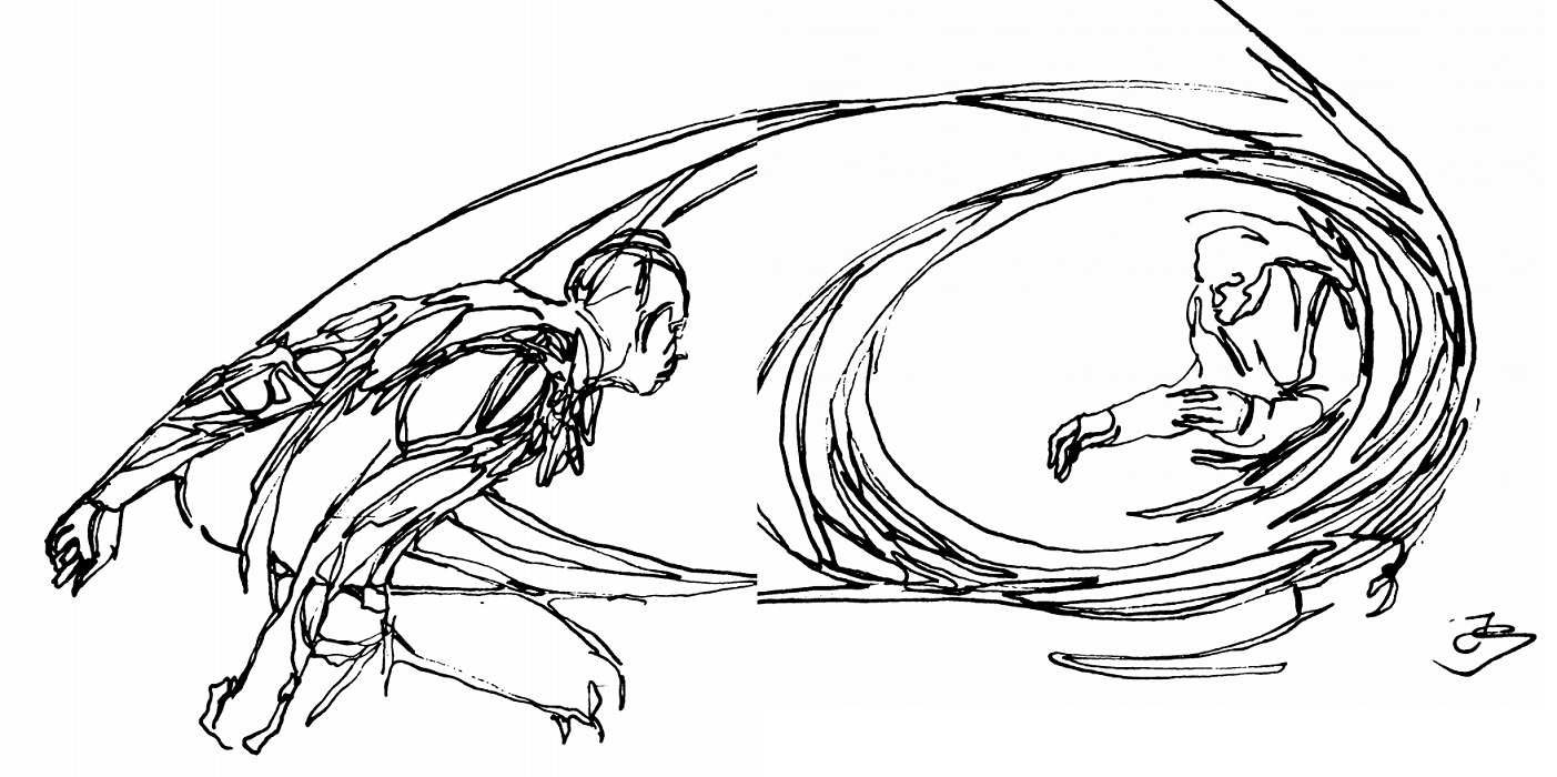 Two figures in a sketchy style with swirly lines confront eachother in a moment of tension.