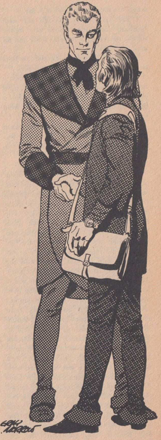 Halftone ink illustration of a well-groomed taller man dressed in tights, a robe, and a tie, shaking the hand of a shorter person (facing away from the viewer) who carries a satchel and appears to be wearing a suit