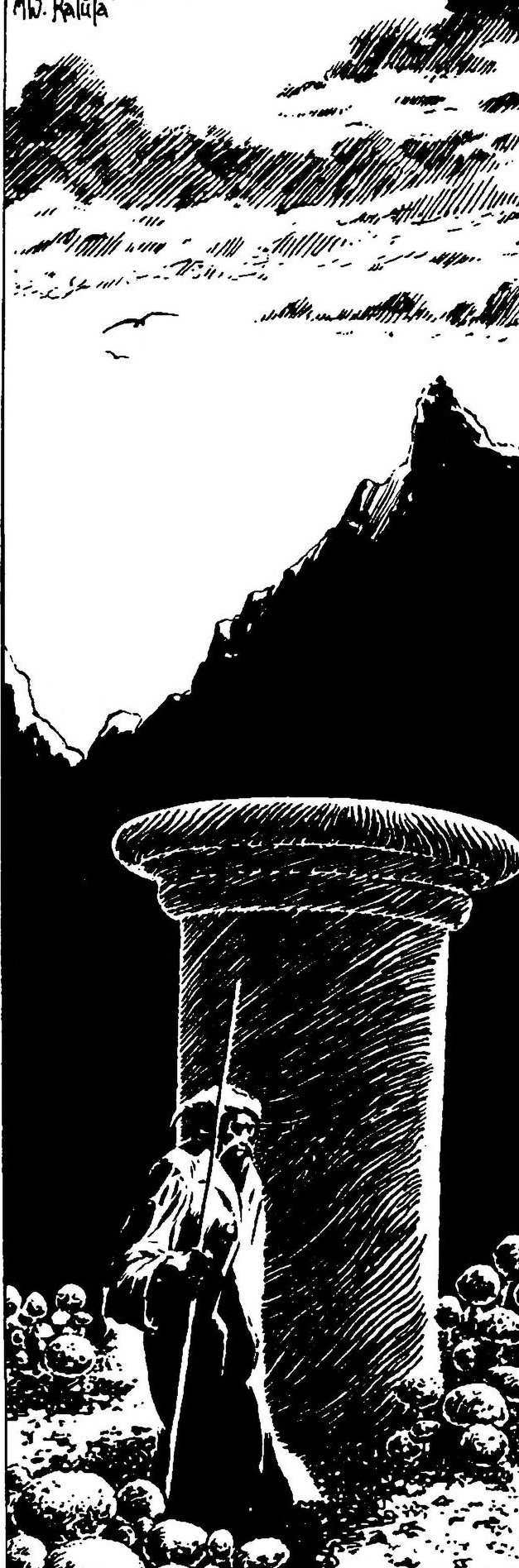 Black and white illustration of the mustachioed man wrapped in a hooded robe and staff, passing by clusters of large fungi and a partially buried column, all under the deep shadow of rocky heights.  While 