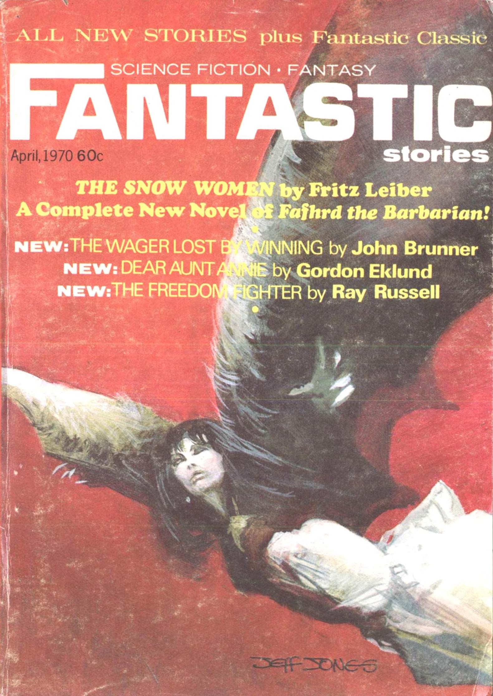 Cover of Fantastic depicting a demonic young woman with spread black wings and a white dress flying against a red background