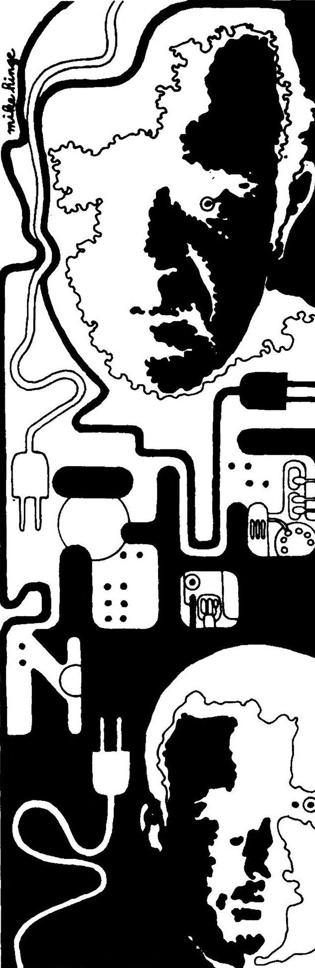 Black and white psychedelic illustration of two people in an almost solarized silhouette, both facing the viewer, with plugs and cords passing from one head to the other through the suggestion of a computer