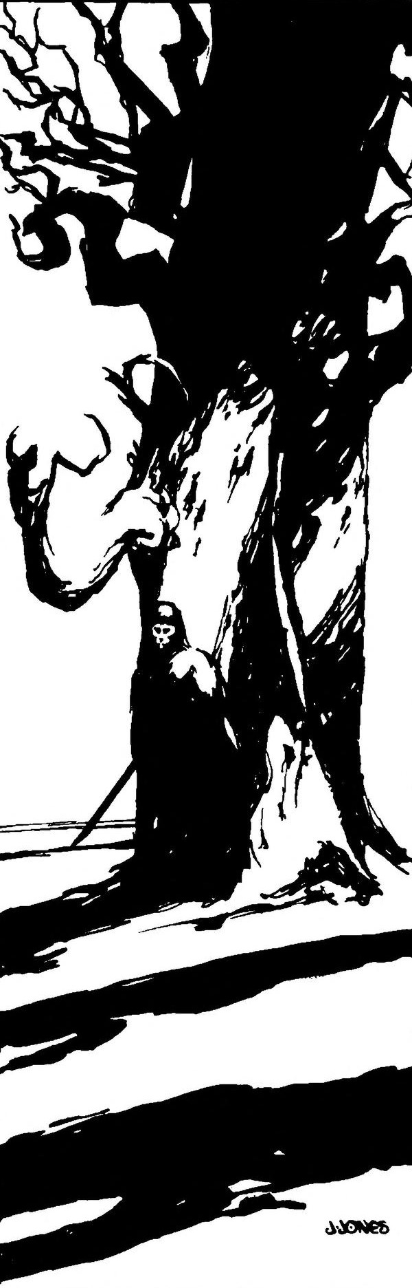 Black and white illustration of a tall man standing deep in the shadow at the massive trunk of a gnarled and lonely tree, with the sword in his right hand lowered obliquely towards the ground