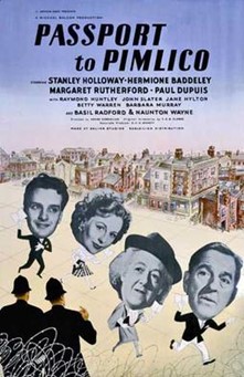 Passport To Pimlico 1949 Flm Poster showing photos of the cast's head on cartoon bodies running through London streets, with barbed wire in the foreground and police looking on