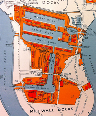 Map of the Isle of Dogs from 1969 showing the Port of London Authortiy buildings in orange and the river Thames in blue.