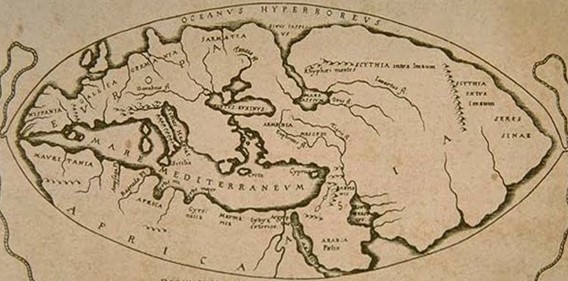 17th Century Greek Map showing the Eurasian world with Greece at an enlarged size and Asia significantly smaller than actuality with Africa stopping at approximately the 22nd parallel.