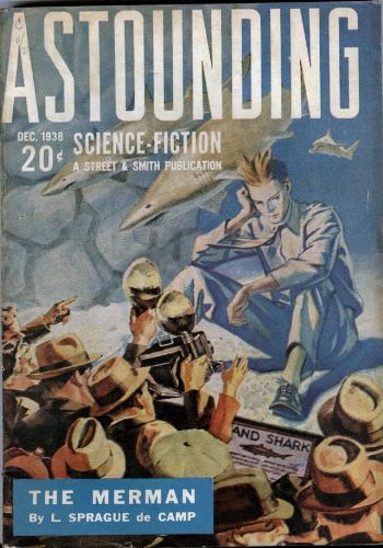 Colour photograph of the cover of the December 1938 issue of Astounding Science Fiction. The cover illustration is for 'The Merman', and features a crowd of reporters gathered in front of an aquarium, marveling what appears to be a white man in suit jacket, shirt, trousers, shoes and tie, sitting underwater at the bottom of the 'Sand Shark' tank', entirely engrossed in his thoughts.
