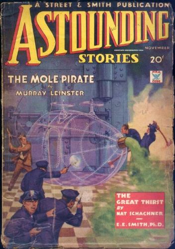 Colour photo of the cover of the November 1934 issue of Astounding Stories. The cover illustration depict what appears to be some sort of 'transparent' ship which is exhausting some green vapour out its nose, surrounded by a trio of men (two police officers and a brown-coated white man) attacking it with fire axes. Several more blue-coated police officers are running onto the scene, firing pistols and calling back over their shoulders as though for more assistance.
