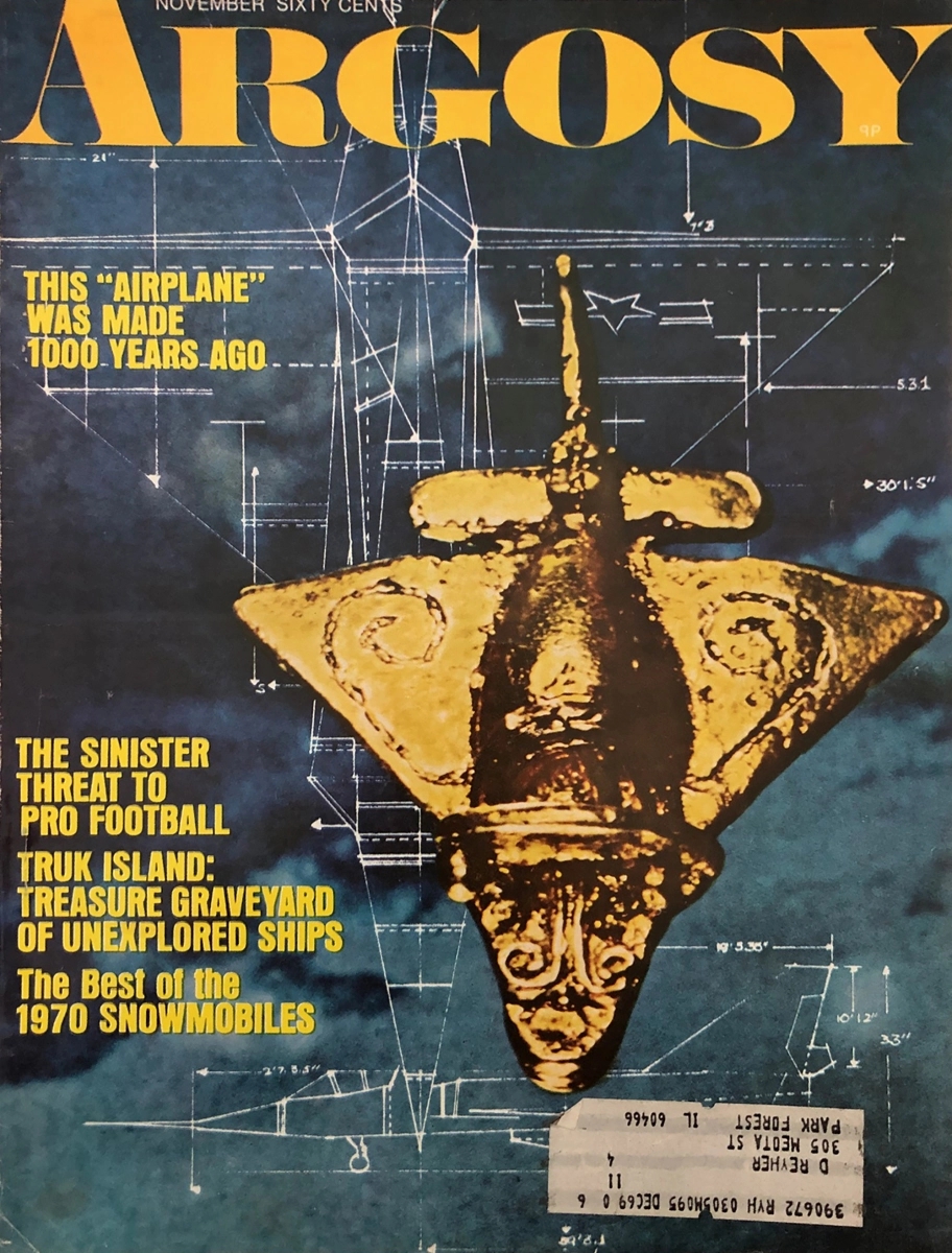 Photograph of a magazine cover prominently featuring a posterized image of a sculpture of a river catfish shot from an awkward angle