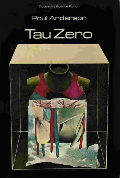 Cover of the book Tau Zero by Poul Anderson. The cover illustration shows assorted pieces of clothing inside a transparent box.