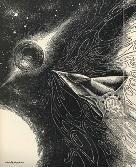 Black & White illustration of Rebel Planet by Peter Cave, showing a rocket travelling at high speed towards a planet.