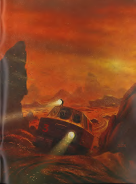 Illustration of Forbidden Planet by David A. Hardy, showing a futuristic truck travelling over Venus.