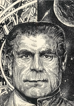 Black & White Ink Illustration ofThe Changer by Harold G. Nye, with a man with his face split in two, one of him as a psychologist, the other as a space captain.