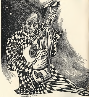 Black & White Ink Drawing of Musicale by Sydney J. Bounds showing a humanoid figure playing a stringed instrument with face and legs stretched oddly.