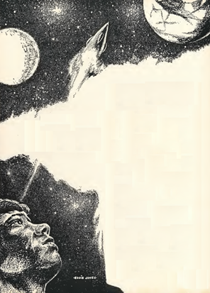Black & White Ink Illustration of Election by Frank Bryning showing a young man watching a rocket lift off into the stars, Mars and Venus in the background.