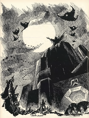 Black and White Ink drawing of Shadows of Fear by Eddy C. Bertin, showing a huge alien structure rising above a ruined Earth with lines of ghostly figures  over a cloudy moonlit sky.