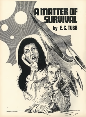 Black and White ink drawing of A Matter of Survival by E. C. Tubb, showing a general sitting bored at a desk leaning on his hands, his wife over his shoulder on a phone and a rocket behind both of them.