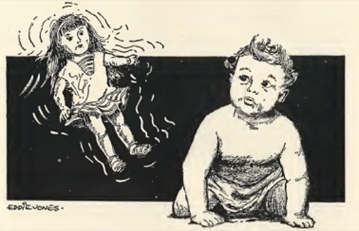 Black & White Ink Drawing illustrating Problem Child by Peter Oldale, showing a baby using telepathy to lift a doll.