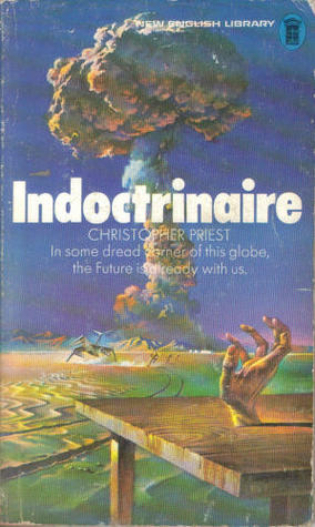 The cover of the novel. It depicts a surreal scene -- far off, a nuclear bomb is detonated on an island. Ripples extend across the green sea, to a wooden dock with a disembodied human hand reaching out of it. The legend, in translucent letters, says 'In some dread corner of this globe, the Future is already with us.'