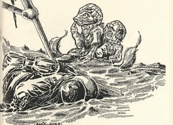 Black and White Illustration of a spacesuited figure lying face down in the dust at the base of a landing craft. Behind them are two fox like alien creatures sit in the background looking confused.