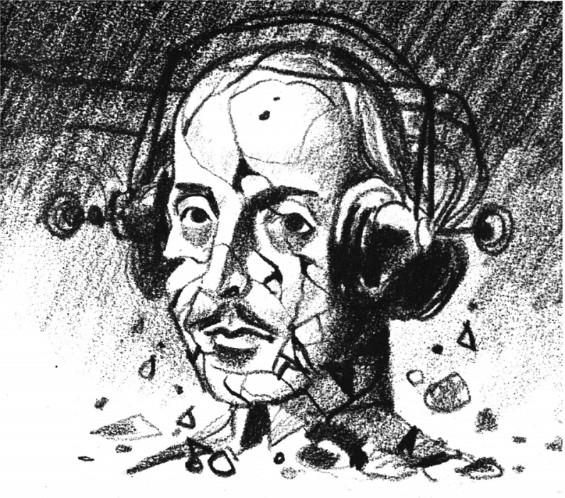 A black and white charcoal drawing shows the head and neck of a man with a blank expression against a shadowed background.  He is wearing a futuristic headset with ear cups that cover the ears and wires that extend from the ear cups toward the left and out of the frame.  His face is breaking as though it were a ceramic bust that had been dropped on the floor, with cracks extending upward over the forehead and some pieces missing from the neck and lower face. Some pieces lie next to it, others are still in the process of falling. 